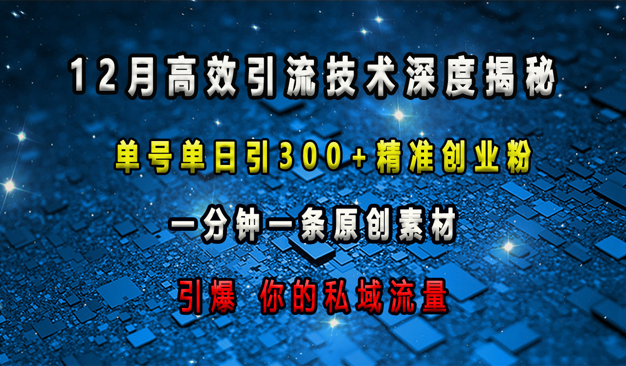 12月高效引流技术深度揭秘 ，单号单日引300+精准创业粉，一分钟一条原创素材，引爆你的私域流量-先锋思维