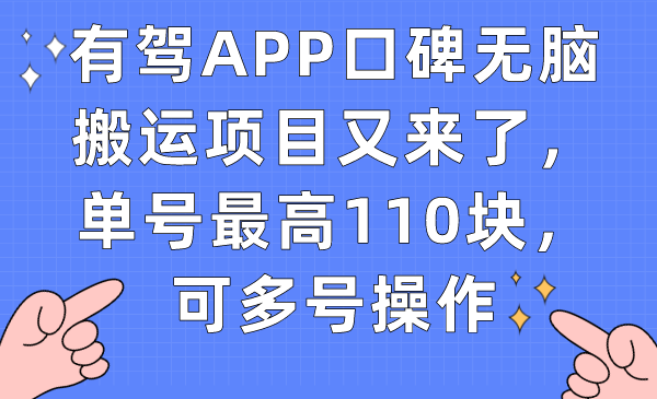 有驾APP口碑无脑搬运项目又来了，单号最高110块，可多号操作-先锋思维